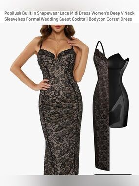 Popilush Lace Midi Bodycon Dress with Built-In Shapewear  Black Lace NNT medium